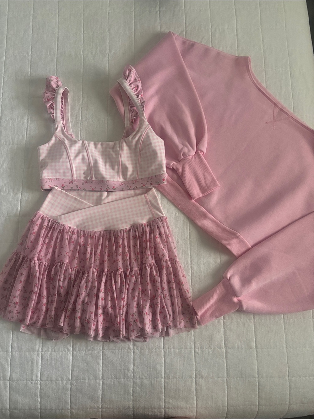 Pink Floral Tiered Skirt and Gingham Bralette Set off the shoulder sweatshirt